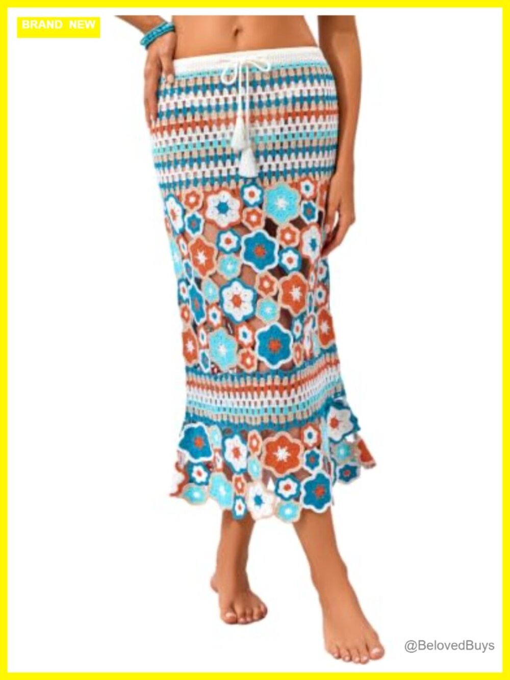 Crochet 3D Floral Maxi Skirt Drawstring Waist Cover-Up